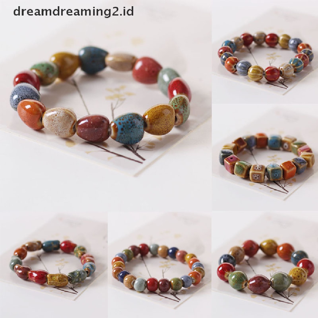 (hot) Gaya Etnik Fashion Glasir Keramik Manik-Manik Dainty Bracelets Strand Bracelet Multicolor Elastis Menyukai Hadiah 1buah//