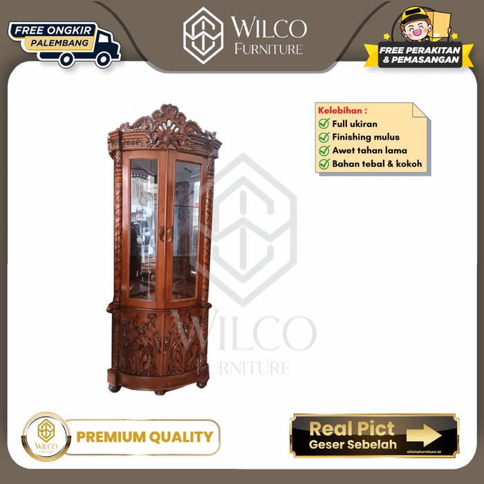 Lemari Hias Sudut Jati Jepara Minimalis Motif Bunga Tulip Murah Mebel Palembang | Lemari Sudut JATIR