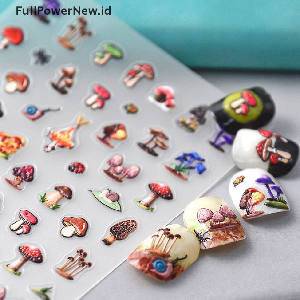 Power 5D Mushroom Nail Decals Jamur Warna-Warni Lem Belakang Nail Art Stiker ID