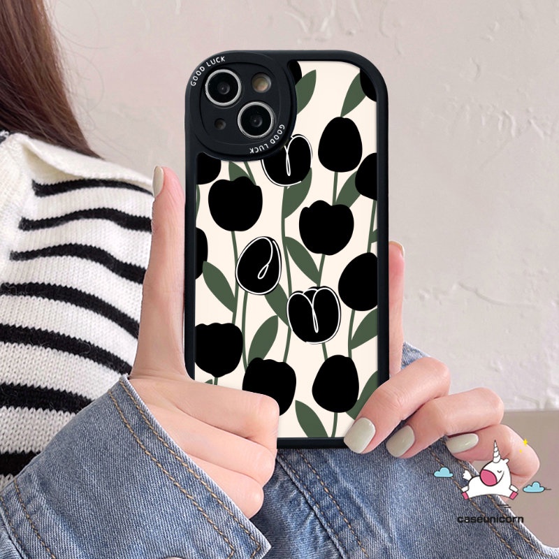 Fashion Simple Flowers Case Realme C53 C15 C35 C25Y C12 C17 C31 C20A 9i 8 5i 8i C21Y C30 C20 C25s C2 C3 C11 7i 6s 6i 6 5 8Pro C21 C17 Art Black Tulip Couple Shockproof Soft Cover