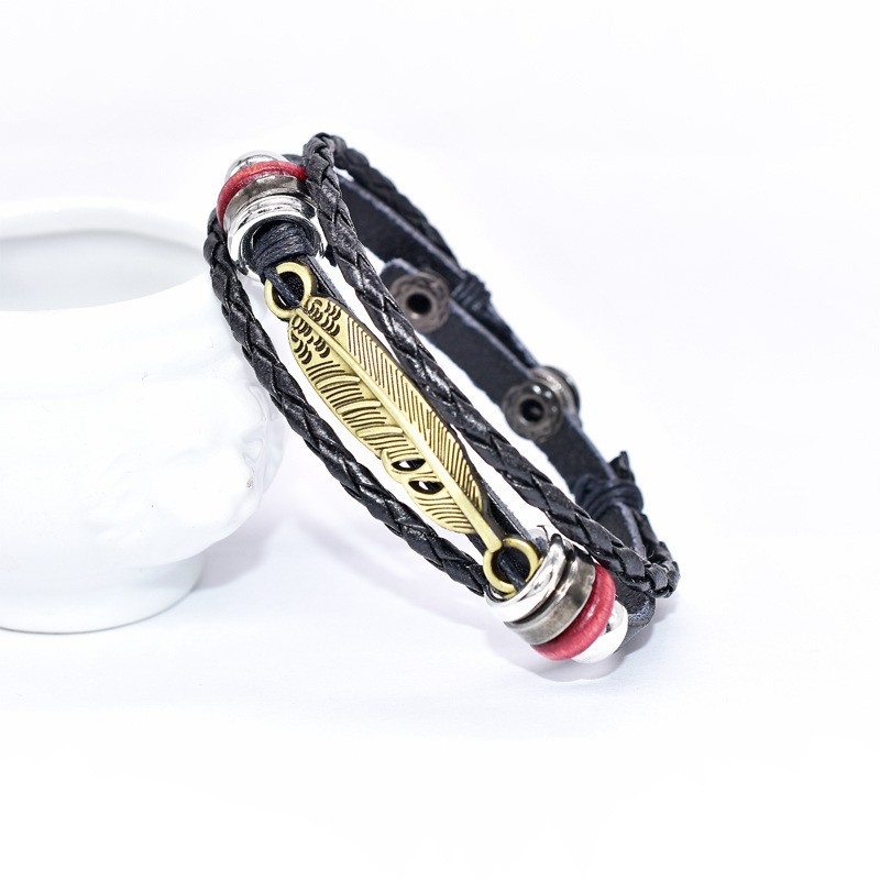 [Z H Perhiasan] Vintage Bulu Manik-Manik Gelang Kulit Fashion Pria Dan Wanita Stainless Steel Multilayer Gelang Punk Pesta Rock Perhiasan Aksesoris