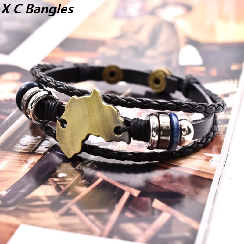 [X C Gelang] Gaya Peta Baru Gelang Hitam Kulit Kayu Manik-Manik Vintage Hip Hop Punk Gelang Kulit Lengan Paduan Seng Anyaman Gelang