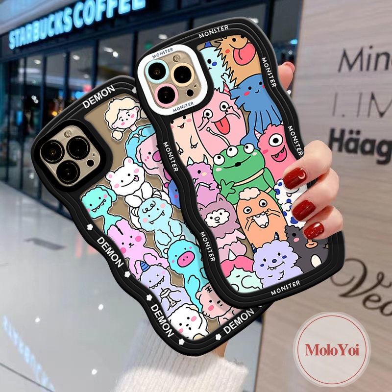 IPHONE Kartun Hewan Lucu Monster Kecil Case Kompatibel Untuk Iphone11 13 12 14 Pro Max 7Plus XR X XS Max 6s 6 7 8 Plus 14Plus SE 2020 Wavy Edge Tpu Soft Phone Cover