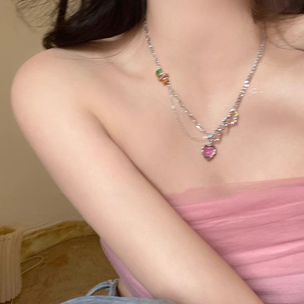 Kalung Hati Kristal Perak Yang Rusak Korea Fashion Kalung Niche Desain Kepribadian Rantai Klavikula Temperamen Sederhana Kalung Wanita Anti-Gagal Permen Perhiasan