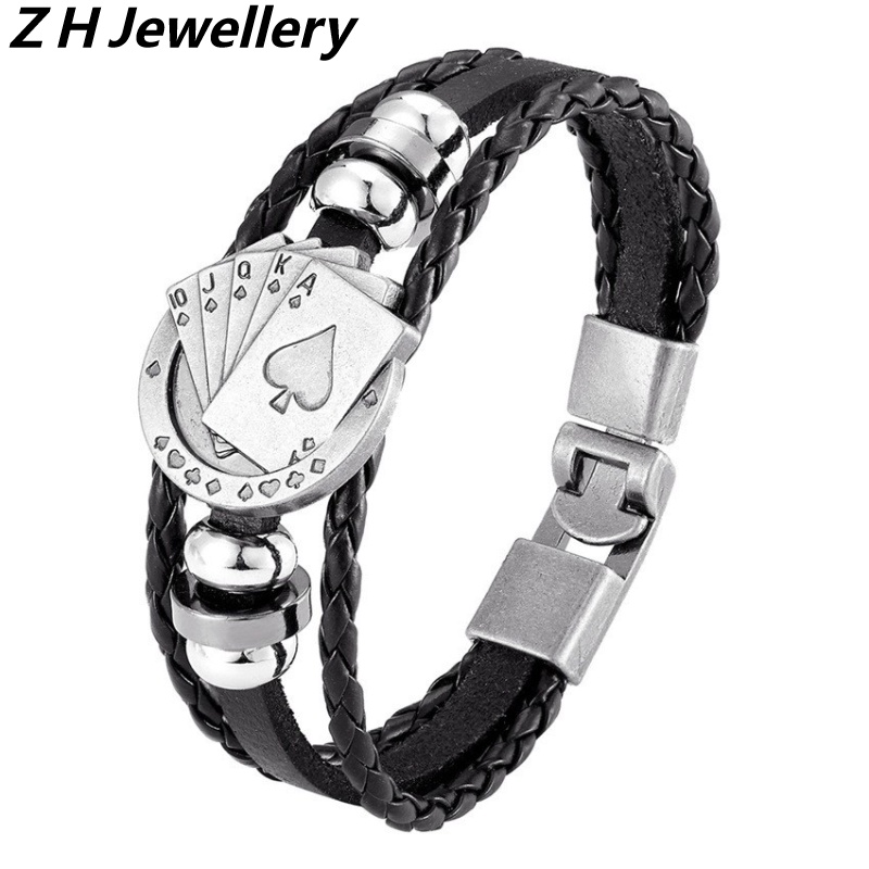 [Z H Perhiasan] Vintage Rock Poker Gelang Kulit Pria Dan Wanita Fashion Stainless Steel Multilayer Manik-Manik PU Gelang Punk Pesta Perhiasan Aksesoris
