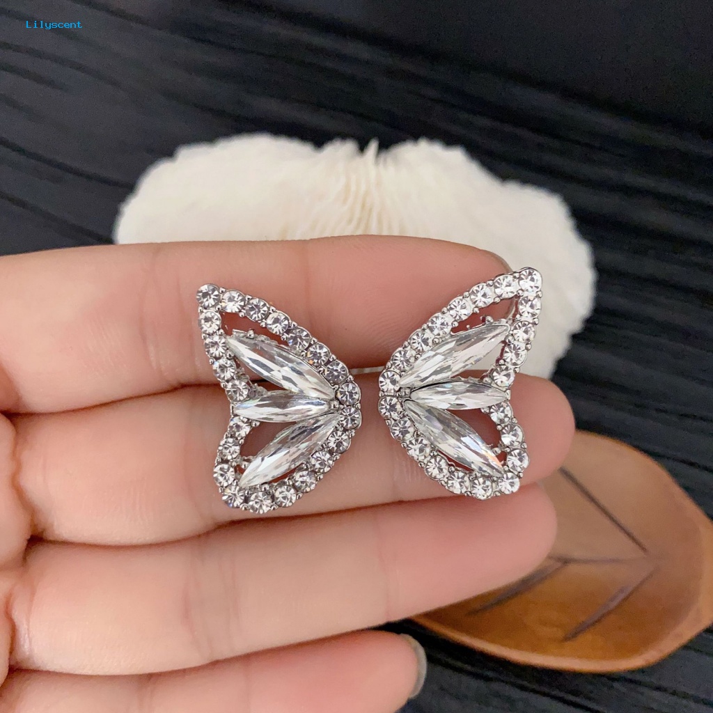 Lilyscent 1pasang Hypoallergenic Ear Studs Fashion Jewelry Berlian Imitasi Berkilau Kupu-Kupu Sayap Telinga Studs Kristal Imitasi