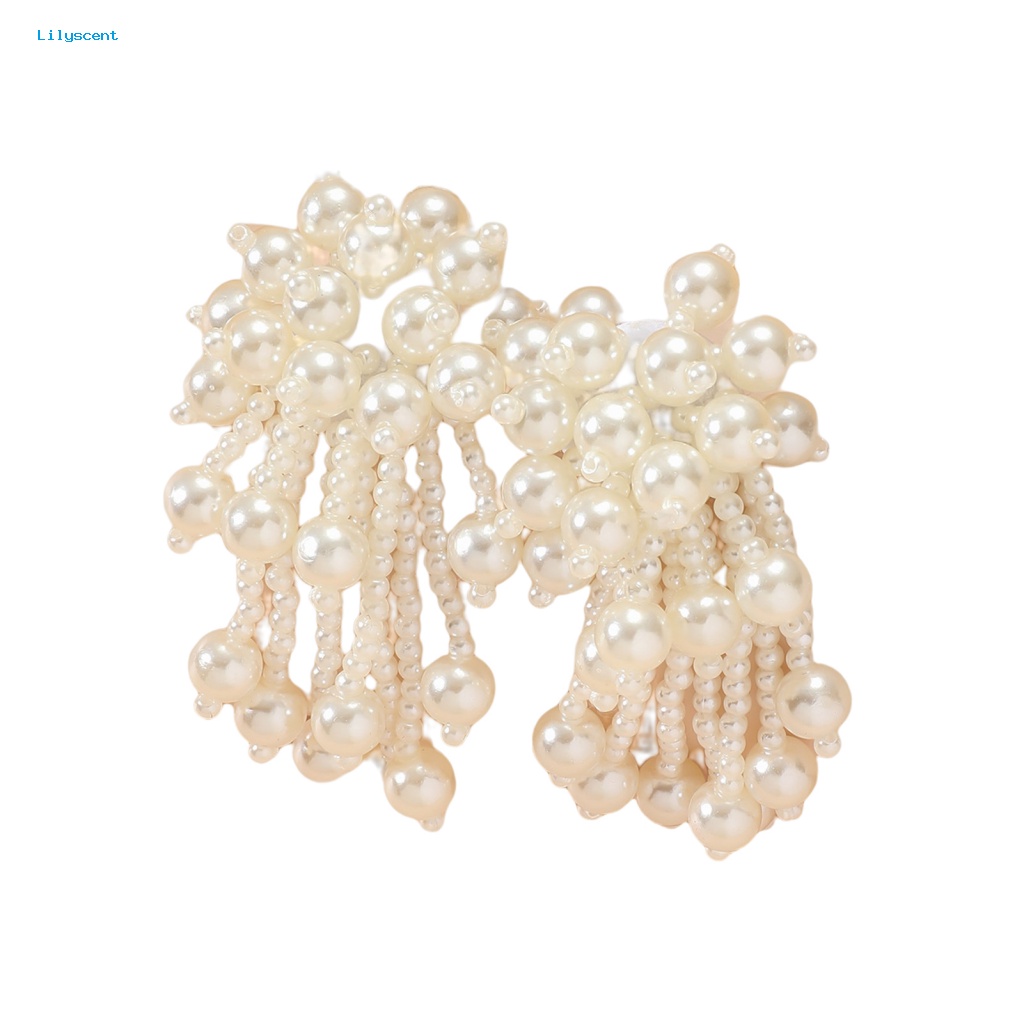 Lilyscent 1pasang Beige Drop Earrings Fashion Aksesoris Elegan Mutiara Imitasi Rumbai Stud Earrings Kepribadian