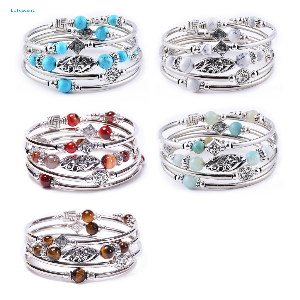 Lilyscent Vintage Dewasa Bangle Perhiasan Aksesoris Tiger Eyes Batu Manik-Manik Bungkus Gelang Grafir