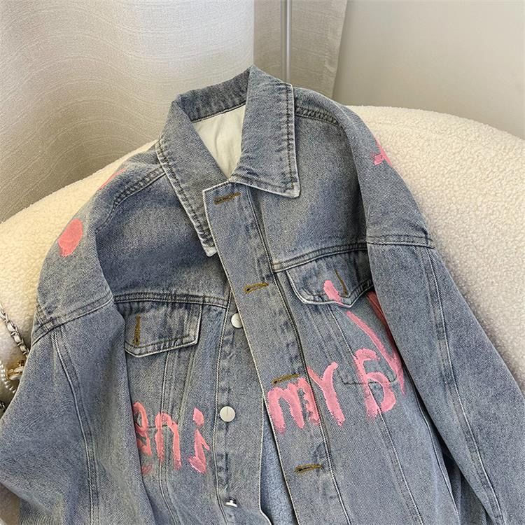 NEW 25OCLOCK - Lettering Print Graffiti Denim Jacket
