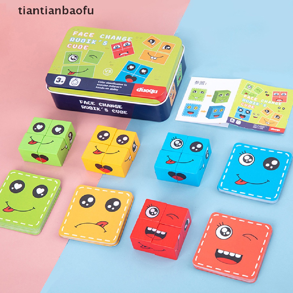 [tiantianbaofu] Mainan Edukasi Perubahan Emosi Blok Ekspresi Puzzle Edukasi Belajar Dini Montessori Mainan Anak Kayu Cube Table Games Butik