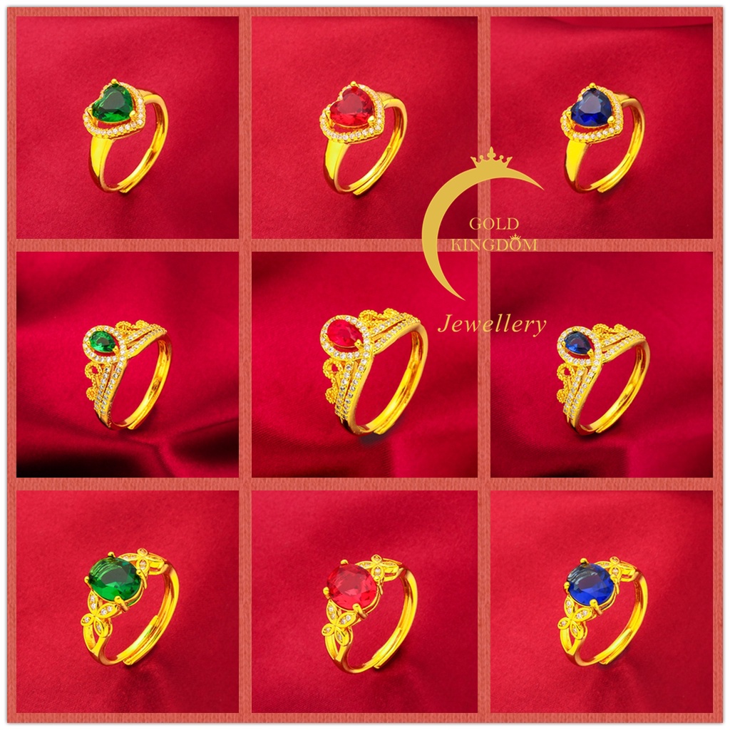 Goldkingdom Aksesoris Perhiasan Fashion Ready Stock Mewah Lapis Emas Ruby Safir Zamrud Cincin Dengan Berlian