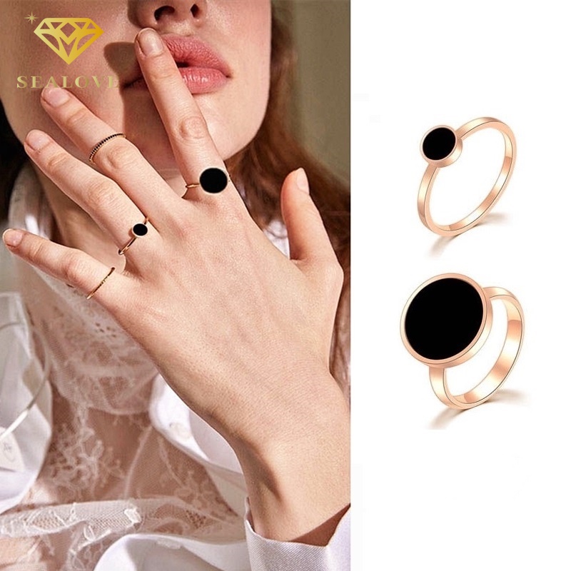 Cincin Titanium Wanita Anti Karat Bentuk Bulat Bahan Warna Hitam 18K Emas Korea Fashion Aksesoris cincin wanita 2023 terbaru