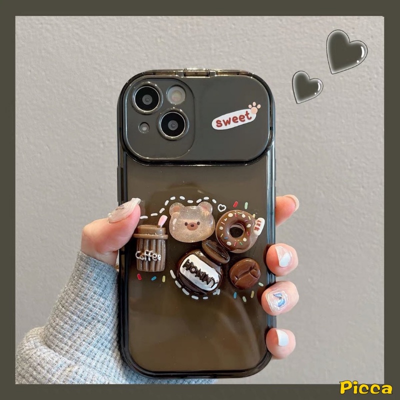 IPHONE Casing Cermin Make Up Flip Kreatif Kompatibel Untuk Iphone13 11 12 14 Pro Max7 8 14 Plus XR X XS MAX SE Kartun Lucu Mainan 3D Beruang Kopi Donat Casing Shockproof Soft Cover