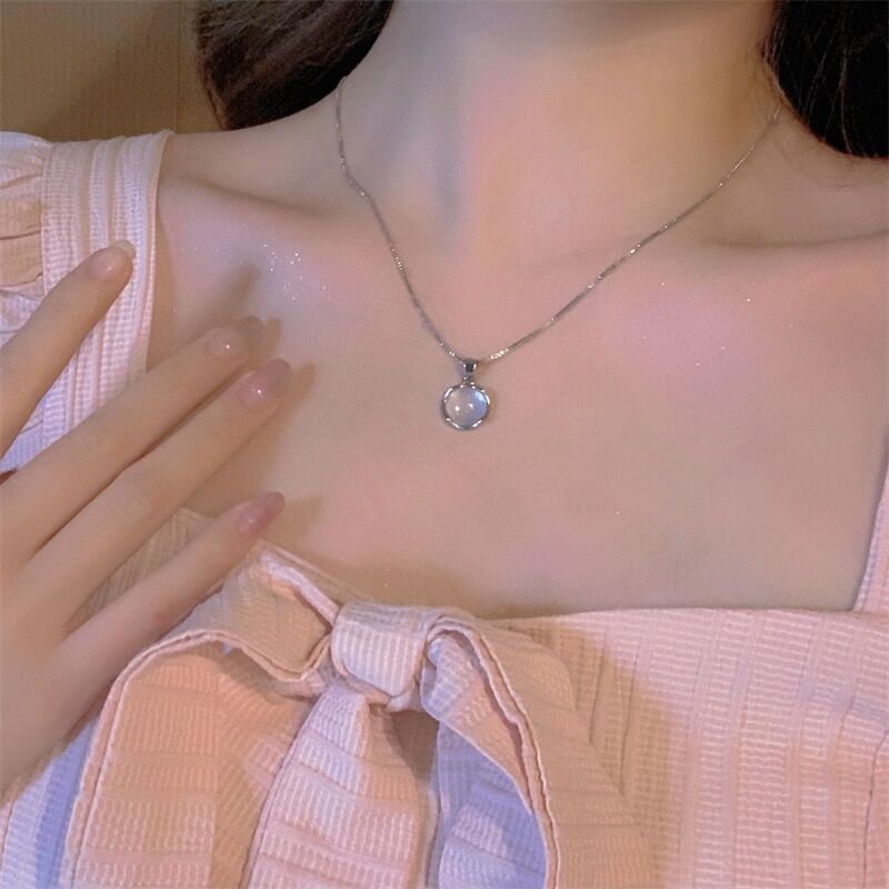 Yeezii Opal Pendant Kalung Untuk Wanita Sederhana Rantai Perak Choker Perhiasan Aksesoris