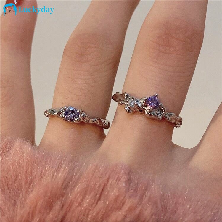 Yeezii 2Pcs/Set Cincin Kristal Ungu Elegan Set Fashion Zircon Silver Rings Untuk Wanita Perhiasan Aksesoris