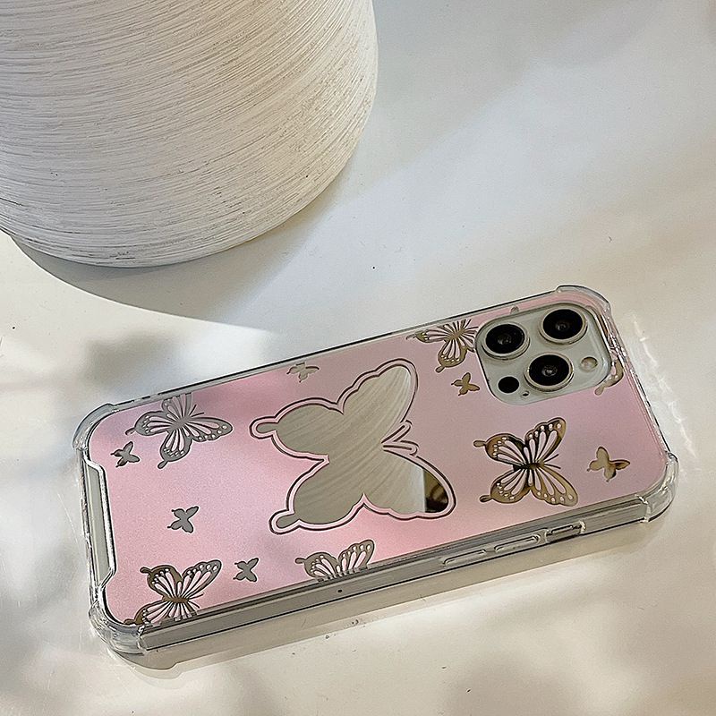 【Shock Proof Mirror】Silicone Soft Case Iphone 6S 7 8 Plus X XR XS Max IPhone 11 12 13 14 Pro Max 14 Plus 7+ 8+ 12 13 mini for Women Girl Ins Pink butterfly