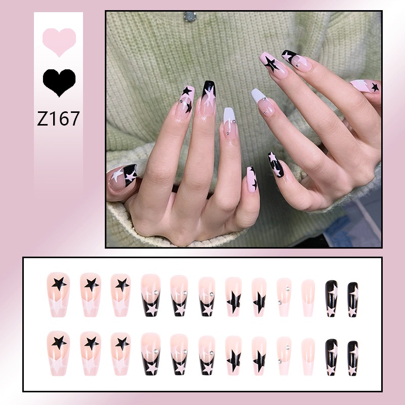 24pcs/set Kuku Palsu DIY Kuku Palsu Panjang Bintang Hitam Dan Putih Nail Art Tips Dengan Jelly Gel