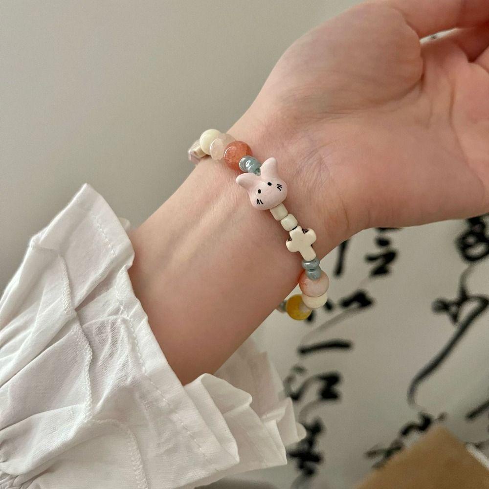 NEEDWAY Keramik Gelang Kepribadian Lucu Dekorasi Perhiasan Aksesoris Geometris Tangan Cincin Retro Sederhana Kelinci Charms Bracelet