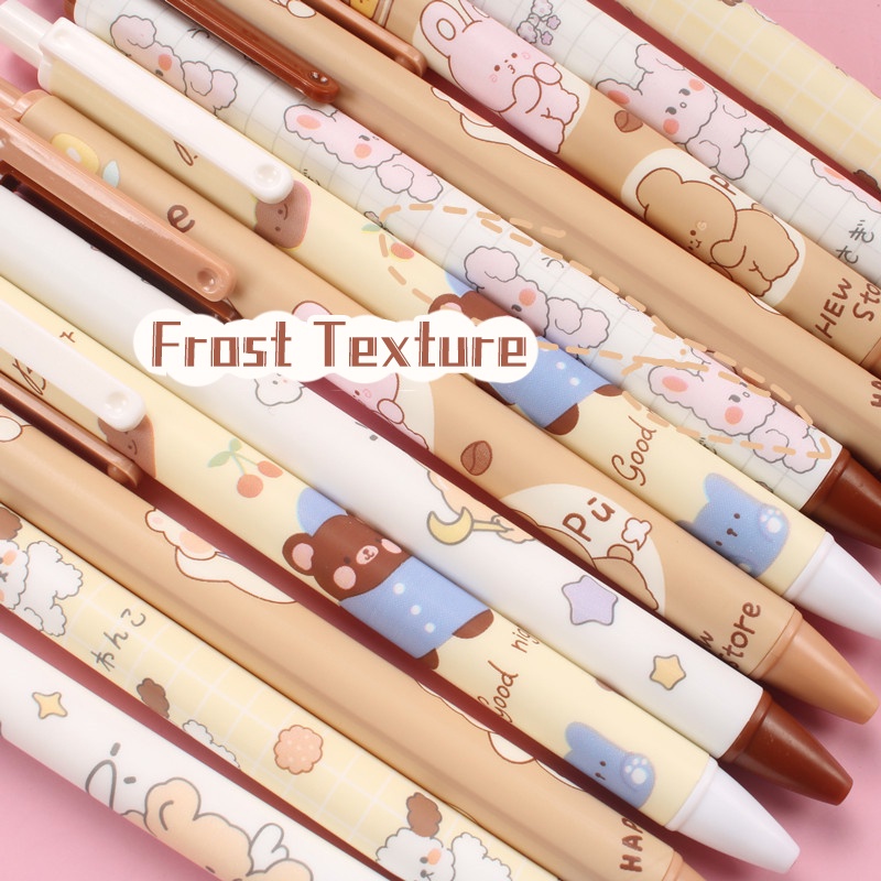 1pc Random Puff Bear Press Pen Kartun Lucu Kelinci Anjing Pulpen Tinta Hitam 0.5mm Gel Pen Tulisan Harian Pena Ujian Peluru Nib Pena Ditarik Siswa Korea Alat Tulis
