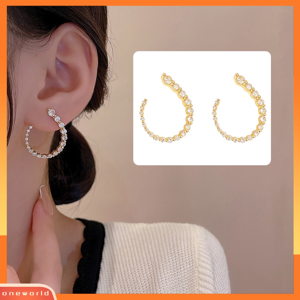 [EONE] 1pasang Anting Pejantan Berbentuk C Geometris Minimalis Elegan Mewah Berkilau Berlian Imitasi Wanita Open Hoop Earrings Fashion Jewelry