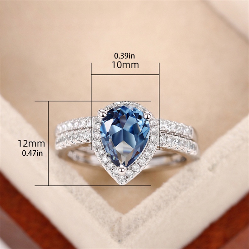 2pcs/set Pear Blue Cubic Zirconia Wanita Cincin Kawin Warna Perak Mewah Aksesoris Pesta Pertunangan Fashion Jewelry