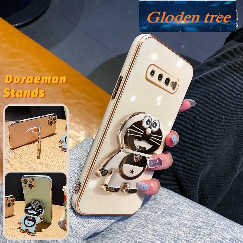 Gloden tree Casing Untuk Samsung Galaxy S10 Plus Case Fashion Kartun Doraemon Lipat Stand Phone Case Electroplating Shockproof Phone Holder Case