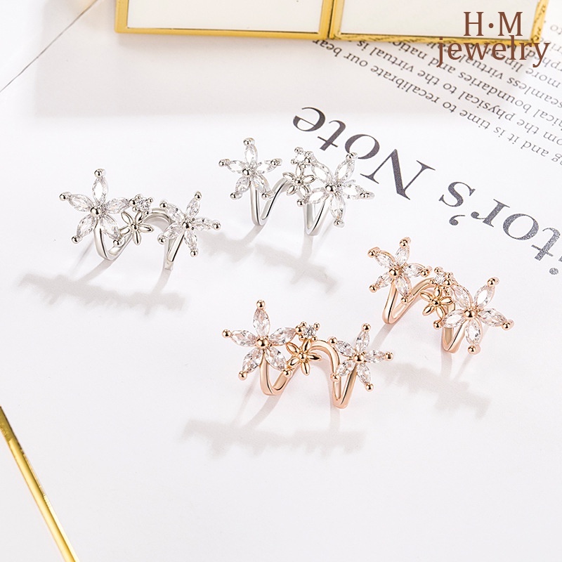 S925 Perak Manis Segar Lady Anting Bunga Melengkung Telinga Klip Vintage Bertatahkan AAA Zirkon Telinga Studs