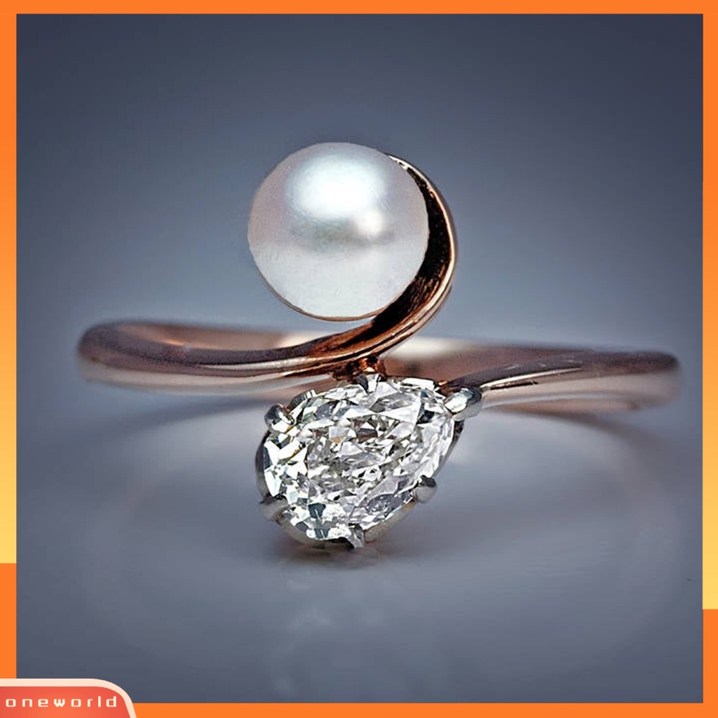 [EONE] Menawan Kulit-Menyentuh Cincin Lady Tembaga Faux Pearl Cubic Zirconia Finger Band Perhiasan Aksesori