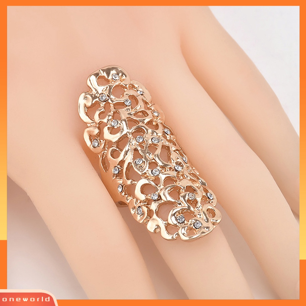 [EONE] Knuckle Ring Vintage Berlebihan Berongga Keluar Geometris Berlian Imitasi Dekorasi Electroplating Fashion Retro Ukiran Cincin Panjang Perhiasan Aksesoris