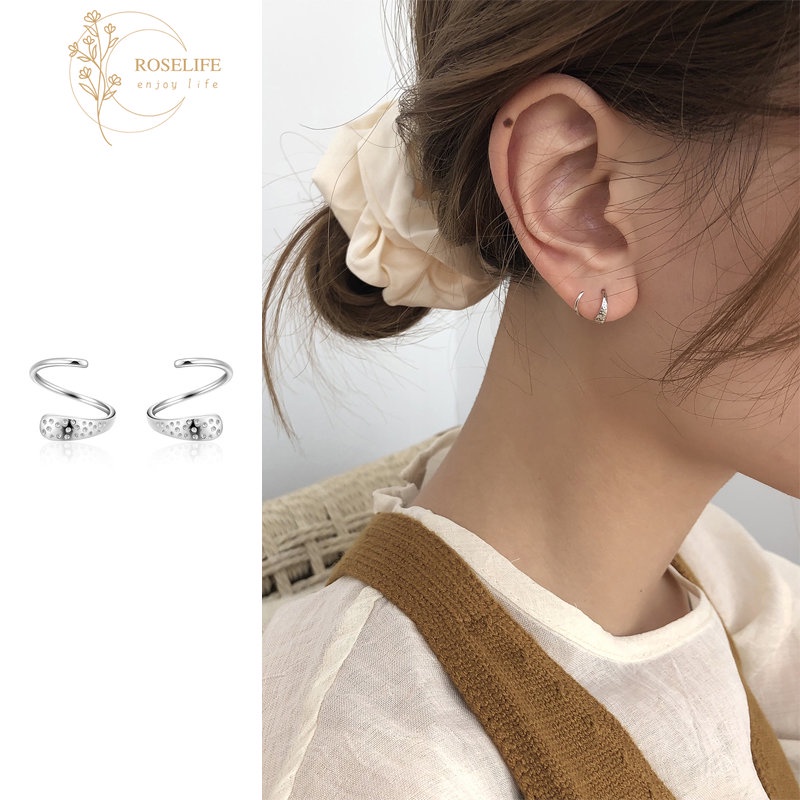 Roselife Korea s925 Perak Musim Semi Stud Anting-Anting Untuk Wanita Gadis Elegan Tindik Spiral Anting-Anting Trendi Pakaian Sehari-Hari Telinga Perhiasan Hadiah