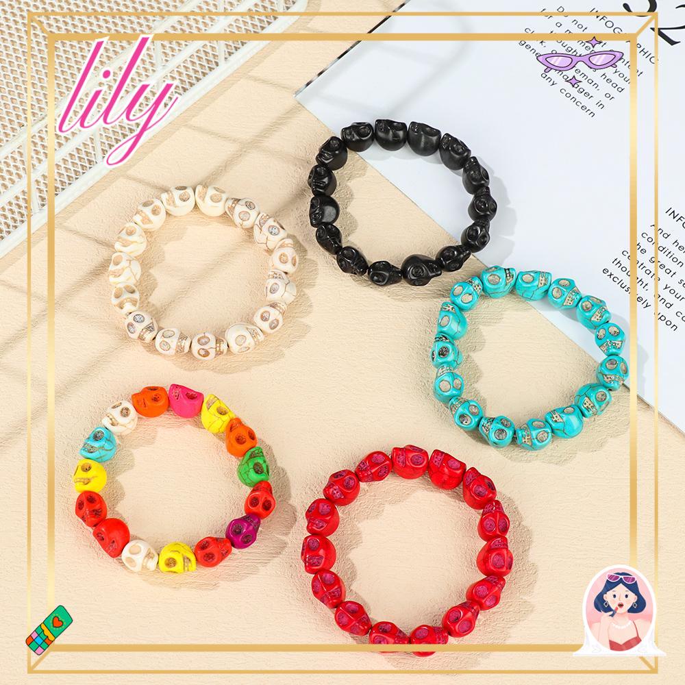 Lily Skull Stone Bangle Retro Vintage Warna-Warni Gothic Pasangan Gelang