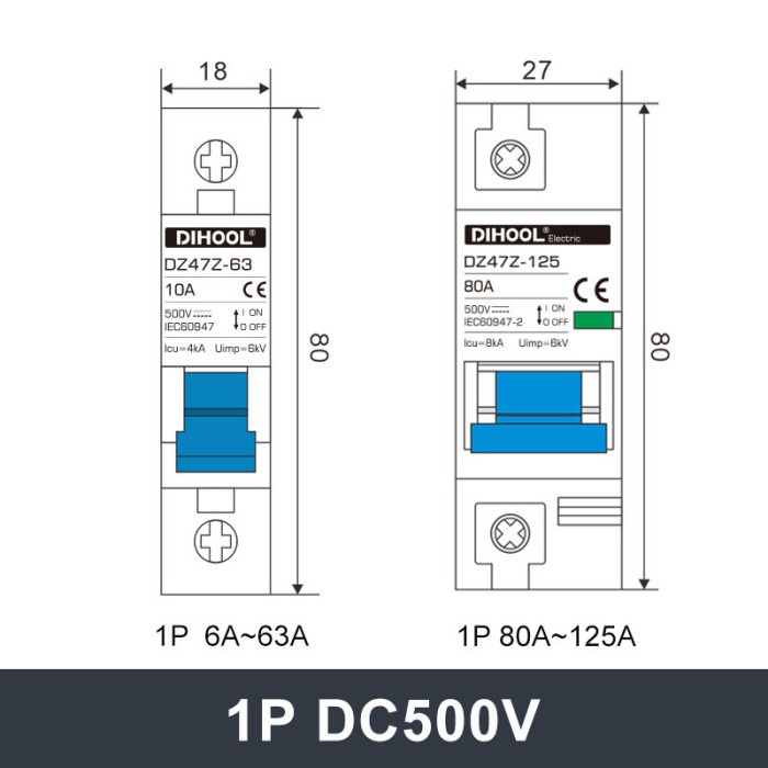 MCB Khusus DC 1P / 2P 125V 400V 10 20 50 63A Untuk PV Solar Panel PLTS