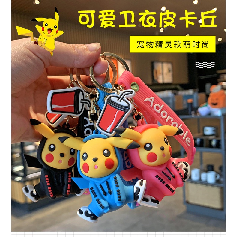 Ins 3D Hoodie Hip Hop Pikachu Gantungan Kunci Logam Hadiah Lucu Untuk Anak Laki-Laki Perempuan Mobil Rumah Gantungan Kunci Dengan Tali Anti-Hilang Untuk Untuk Untuk Airpods Inpods 1-2 3 PRO 4 6 12 I12 i13 Pro4 pro6 Case Cover