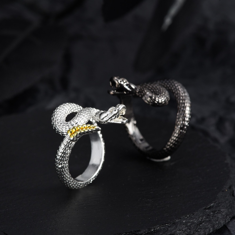 Fashion Sederhana Pria Wanita Vintage Ular Cincin Gothic Punk Hitam Putih Ular Kerincingan Pasangan Terbuka Adjustable Jari Rings Perhiasan