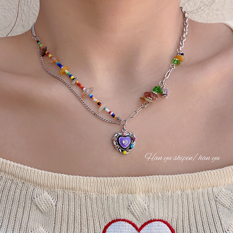 Yeezii Colorful Stone Bead Splicing Kalung Untuk Wanita Minyak Drip Jantung Perak Liontin Rantai Choker Perhiasan Aksesoris