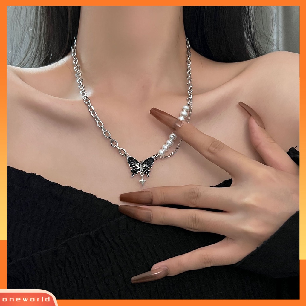 [EONE] Wanita Kalung Manis Keren Asimetris High Gloss Mutiara Imitasi Link Rantai Hadiah Hitam Kupu-Kupu Liontin Sweater Kalung Fashion Perhiasan