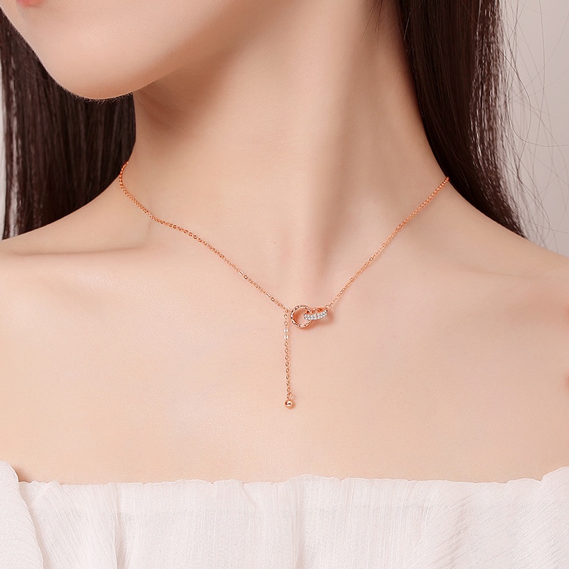 Sterling Silver Double Ring Kalung Perempuan ins Gaya Sterling Silver Musim Panas Gaya Baru Cahaya Mewah Niche Interlocking Rose Gold Rumbai Klavikula Rantai