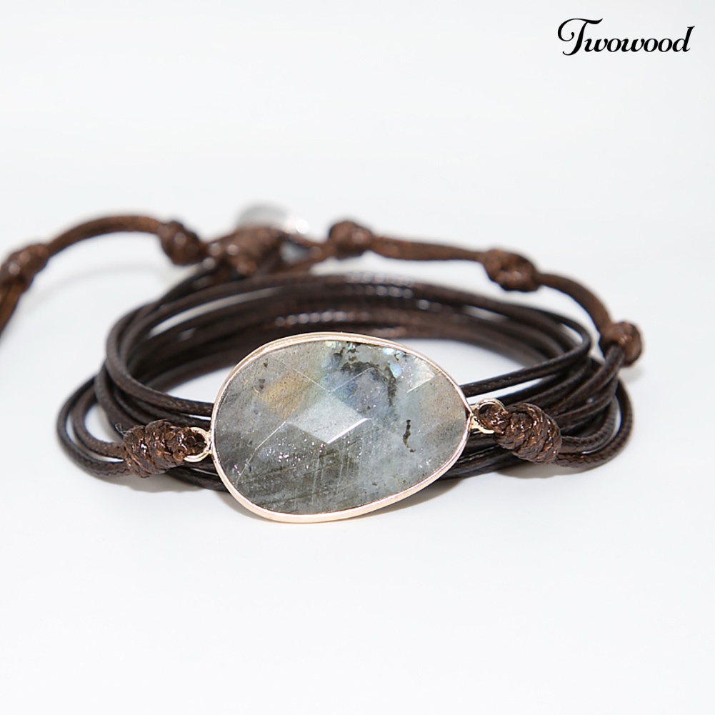 Twowood Boho Unisex Multi Layer Simpul Tali Lilin Labradorite Stone Charm Handmade Gelang