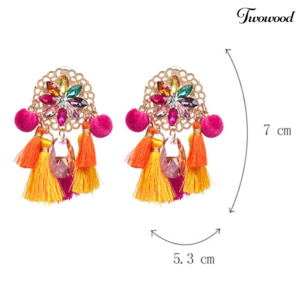 Twowood Boho Wanita Berlian Imitasi Rumbai Pompom Menjuntai Stud Earrings Perhiasan Pernyataan Panjang