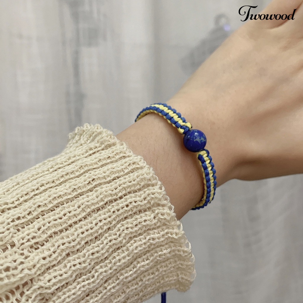 Twowood Tenun Tangan Tali Kuat Dikepang Gelang Tahan Aus Gaya Etnik Biru Kuning Patchwork Adjustable Gelang Perhiasan Aksesoris