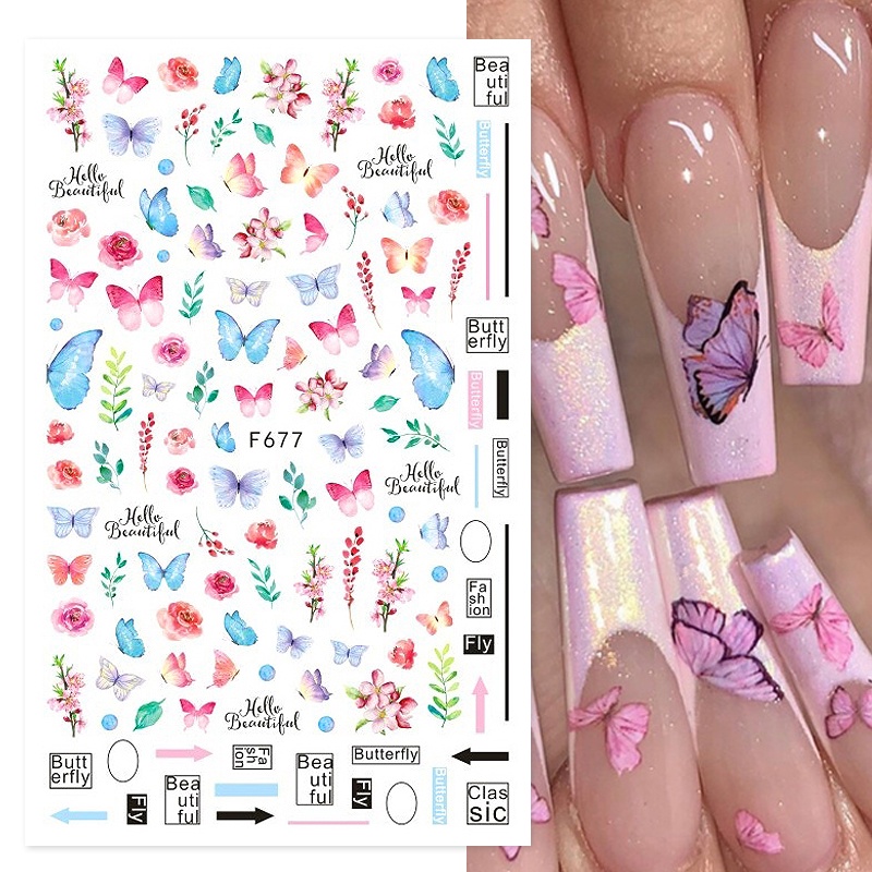 3d Nail Art Stiker Kupu-Kupu Mawar Daun Perekat Diri Stiker Manicure Dekorasi