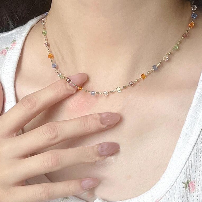 Roselife Korea Trendi Akrilik Warna-Warni Manik-Manik Choker Pendek Kalung Untuk Wanita Gadis Populer Liburan Musim Panas Tulang Selangka Rantai Necklaces Perhiasan Aksesoris