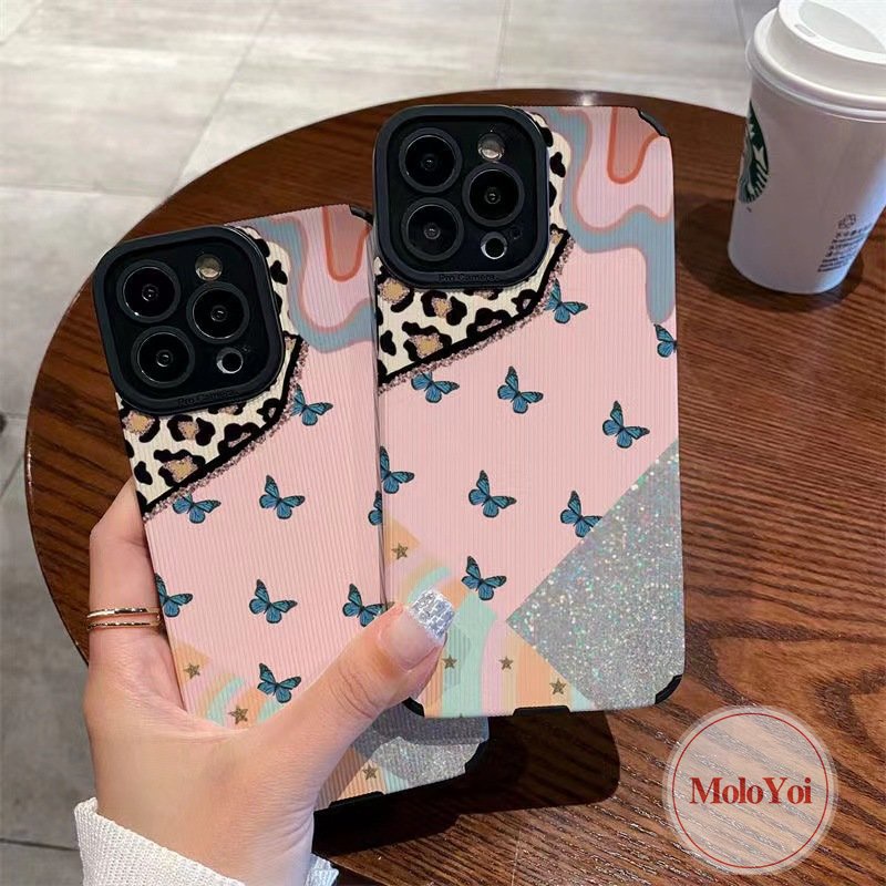 IPHONE Tekstur Retro Butterfly Phone Case Kompatibel Untuk Iphone7 8 Plus 11 12 13 14 Pro MAX XR X XS MAX 7Plus Mewah Kulit Leopard Bling Jahitan Kontras Shockproof Tpu Soft Cover