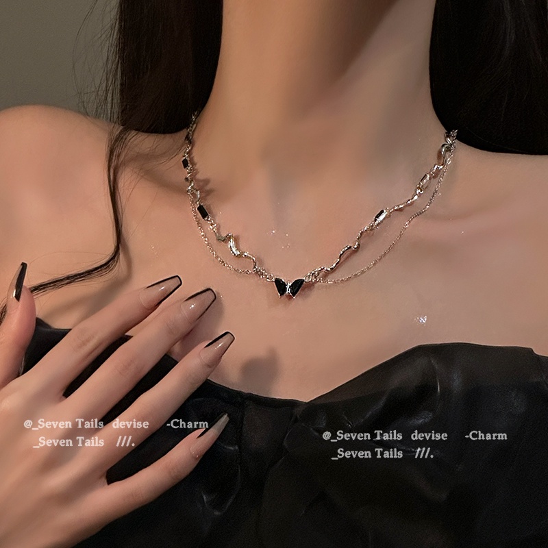 Ifyou Y2K Kalung Liontin Kupu-Kupu Hitam Gelombang Silver Double Layer Chain Choker Untuk Aksesoris Perhiasan Wanita