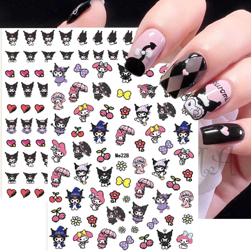 Kuromi Kartun Hewan Pola Stiker Kuku DIY Nail Art Cinta Bunga Hias Patch Lucu Ins Gaya Tekstur 3D Stiker Kuku