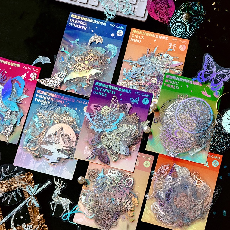 45pcs/set Laser PET Gilding Craft Butterfly Stiker DIY Scrapbooking Kolase Album Foto Tahan Air Dekorasi