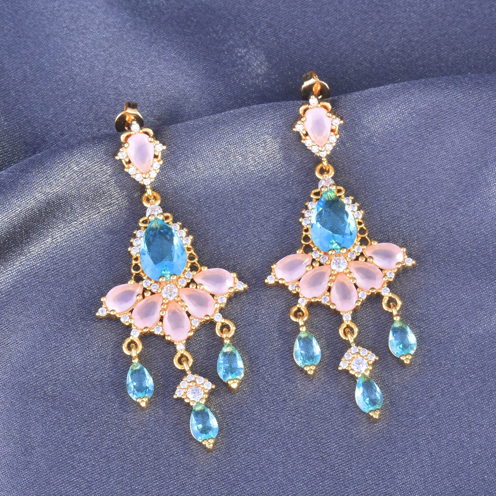 Goldkingdom Aksesoris Perhiasan Fashion Ready Stock Warna-Warni Pink Kristal Embun Biru Anting Tugas Berat Anting Rumbai