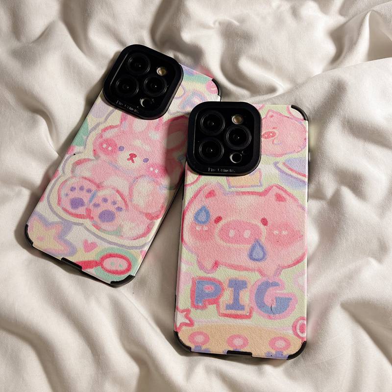 Soft sheepskin Leather Case IPhone 6S 7 8 Plus SE 2020 X XR XS Max 11 12 13 14 Pro Max 14 Plus Camera Protect for Girl women Cute Pig Rabbit Pink