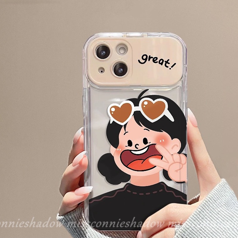 Casing Ponsel Cermin Make Up Flip Kreatif Untuk Oppo A12 A7 A15 A5s A31 A15s A3s A57 A53 A9 A5 A33 2020 A35 A77S A77 A11K Pasangan Kartun Lovely Sweet Boy Girl Shockproof Soft Case