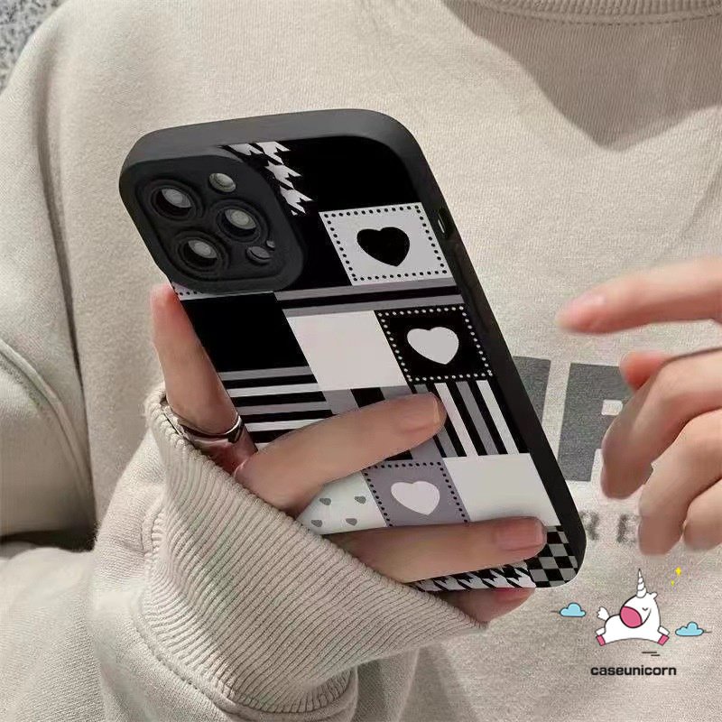 IPHONE Couple Chessboard Houndstooth Pattern Back Case Kompatibel Untuk Iphone11 12 14 13 Pro Max7 8 Plus X XR XS MAX Lembut Shockproof Mewah Tekstur Kulit Cinta Hati Bunga Cover